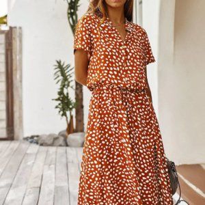 Dalmatian Print Drawstring Waist A-line Dress (orange/white size L)
